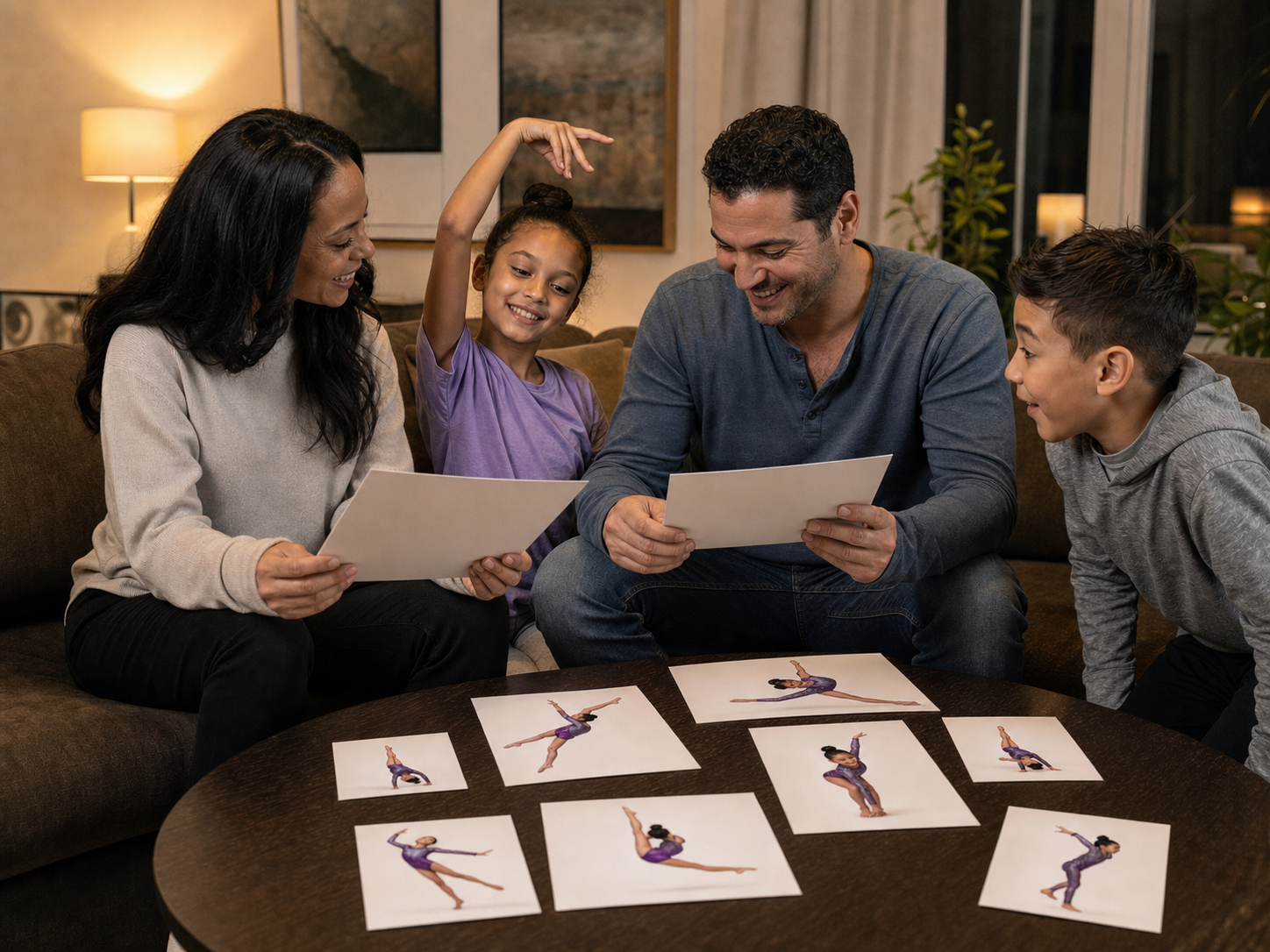 Parent reviewing gymnastics photos at the gym