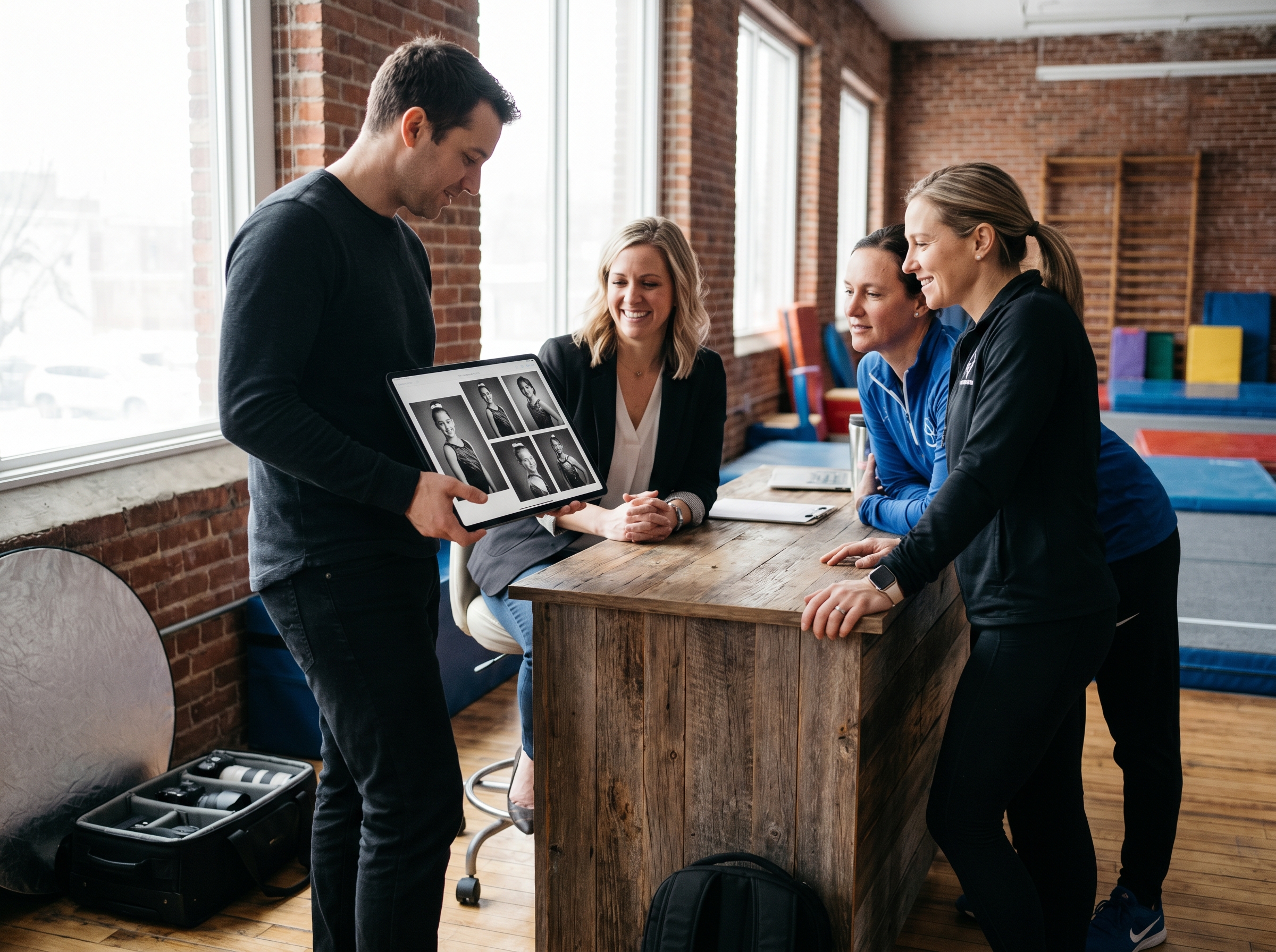 Studio staff portrait and branding session in gymnastics gym