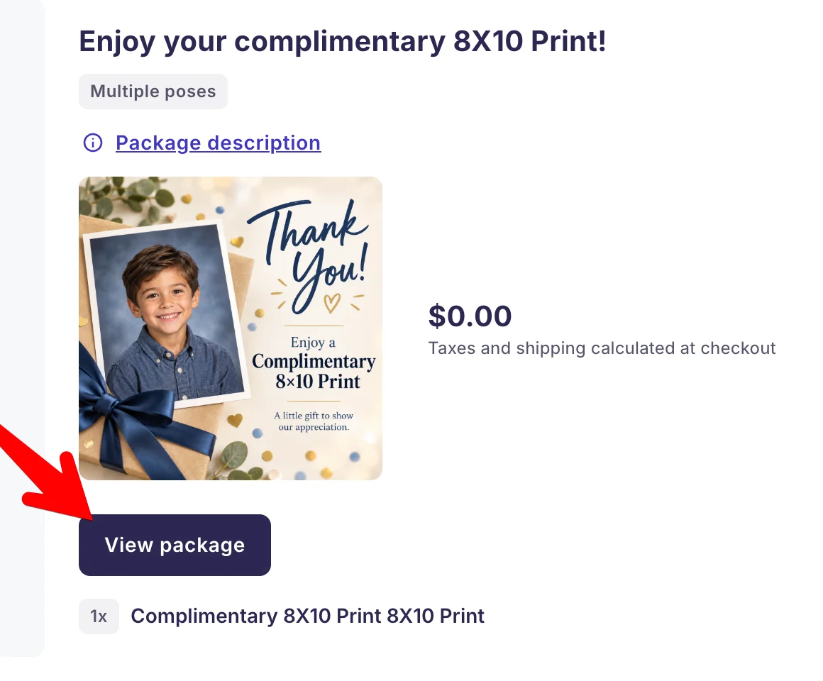 Complimentary 8X10 Print package showing its $0.00 price and View package button.