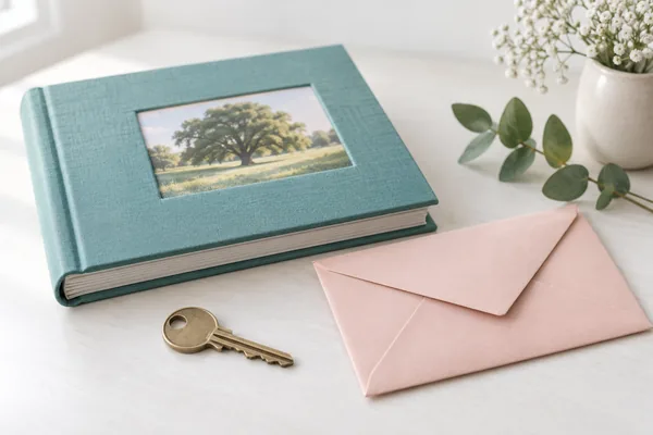 A key beside a closed photo album and sealed envelope
