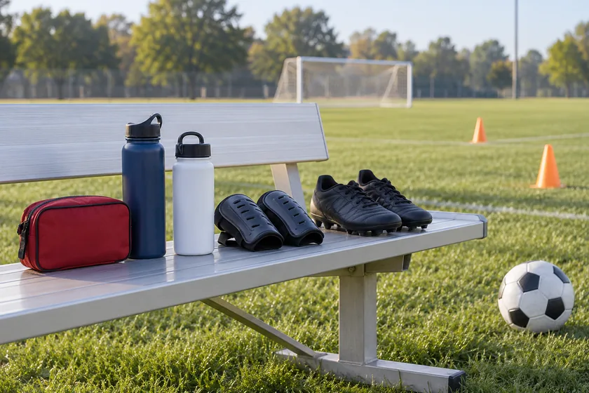 First-aid pouch, water bottles, shin guards and cleats beside an empty soccer field