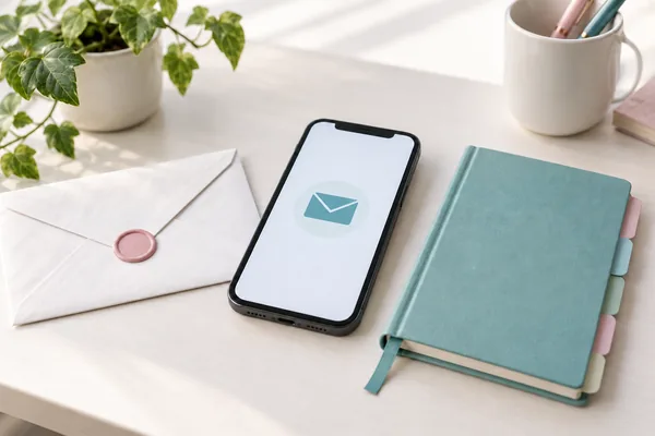 Phone with an envelope symbol beside an envelope and plain notebook