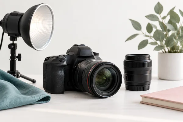 Camera, lens and studio light on a clean desk