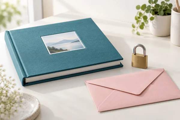 A locked photo album beside a sealed envelope