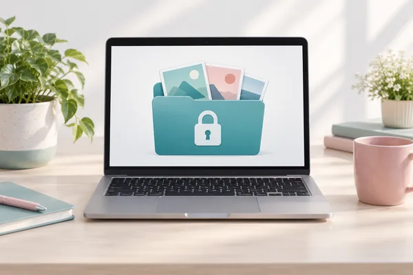 A laptop displaying an illustrated private photo folder with a lock